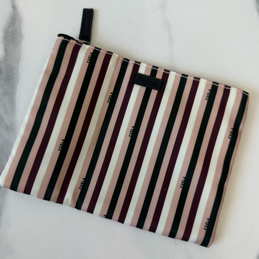 Furla Striped Cosmetic Pouch in Pink, Black, Burgundy